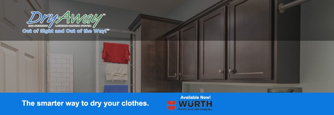DryAway laundry drying rack mounted in a laundry room with red, white, and blue garments hanging to dry