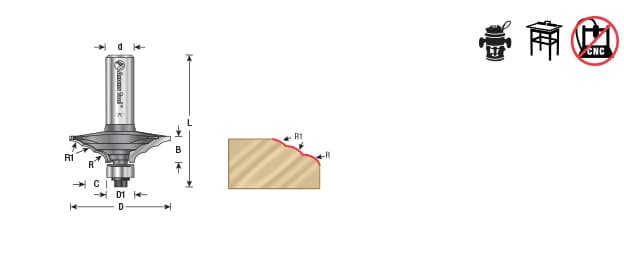 1-3/4" x 2-1/2" x 1/4" Radius Front Face Edge Cabinet Door Edge Detail Bit, 2-Flute, 1/2" Shank