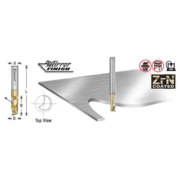 1/4" Dia x 1-1/2" Solid Carbide CNC Spiral 'O' Flute, Aluminum Cutting, 1/4" Shank, Up-Cut ZrN Coated Router Bit