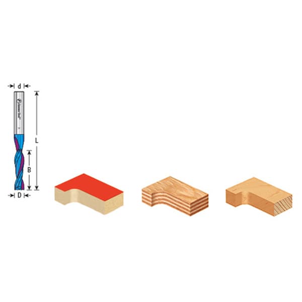 6mm x 63mm Down-Cut Spektra Extreme Tool Life Coated Spiral Plunge Bit, 2-Flute, 6mm Shank for Drilling Shelf Pin Holes