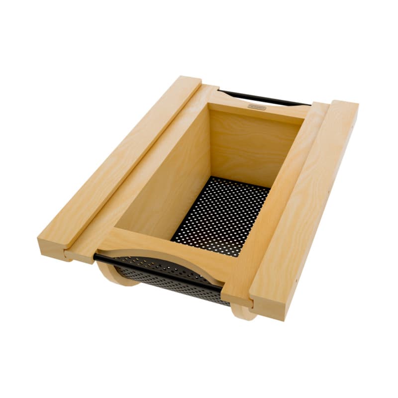Produce Basket Pullout for 15" Base Cabinets, Blumotion Soft-Closing, Maple with Matt Black Accents