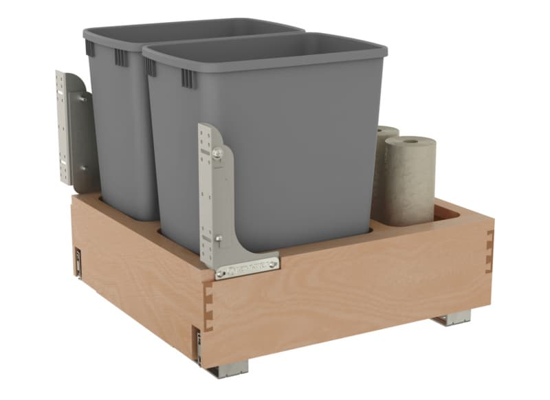 Double 32 QT Bottom Mount Waste Container Pullout with Rev-A-Motion, Soft-Closing, Clear Polyurethane