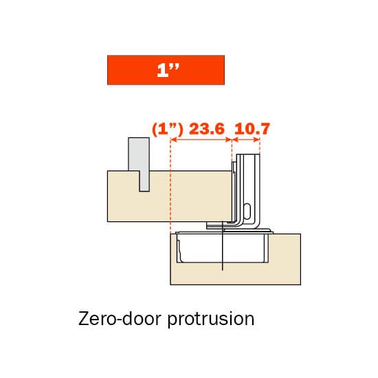 Series CU 106° Opening Edge-Mount Face Frame Hinge, 45mm Boring Pattern, Soft-Closing, 1" Overlay, Screw-On