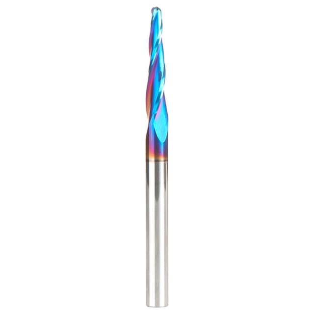 3mm x 75mm CNC 2D/3D Carving 3.6° Tapered Angle Ball Up-Cut Spektra Extreme Tool Life Coated Spiral Router Bit, 3-Flute, 6mm Shank