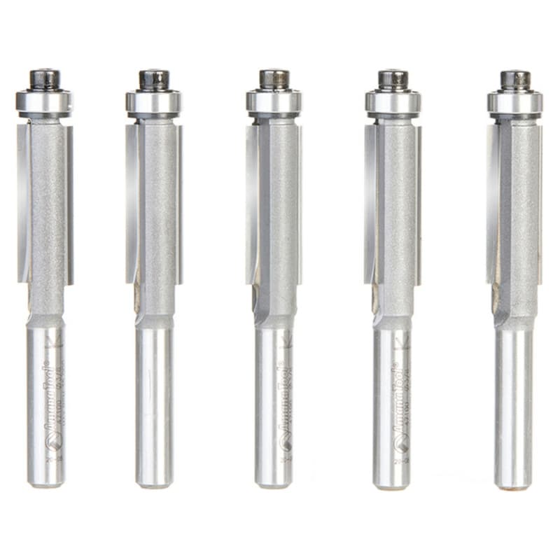 3/8" x 1" 5 Pack Carbide Tipped Flush Trim Bit, 2-Flute, 1/4" Shank