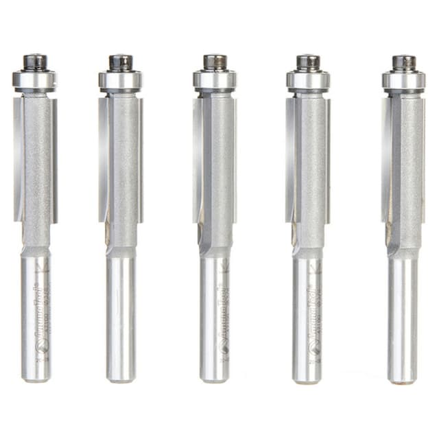 3/8" x 1" 5 Pack Carbide Tipped Flush Trim Bit, 2-Flute, 1/4" Shank