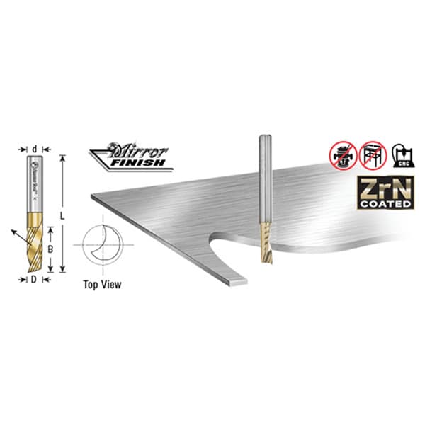 3/16" x 2-1/2" x 7/8" Up-Cut 'O' Aluminum Cutting CNC Spiral Router Bit, 1-Flute, 1/4" shank