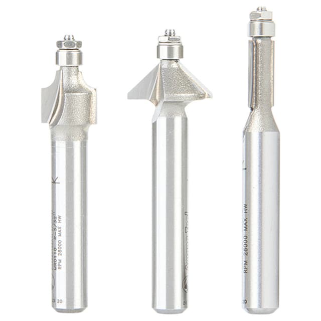 3-Piece Miniature Router Bit Pack with Mini 3/16" Diameter Lower Ball Bearing