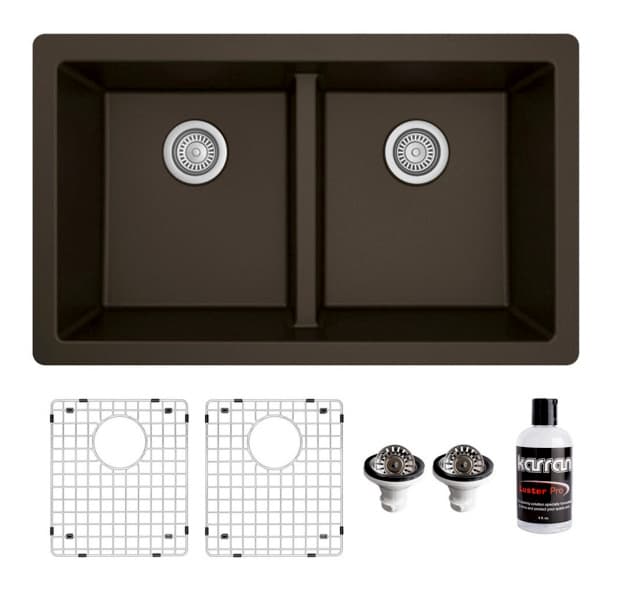 QU-810 Quartz Undermount Double Equal Bowl Kitchen Sink Kit, 32" x 19-1/2" x 9", Brown