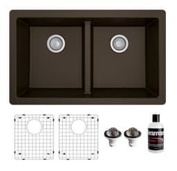 QU-810 Quartz Undermount Double Equal Bowl Kitchen Sink Kit, 32" x 19-1/2" x 9", Brown