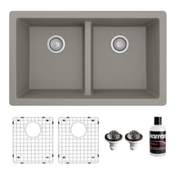 QU-810 Quartz Undermount Double Equal Bowl Kitchen Sink Kit, 32" x 19-1/2" x 9", Concrete