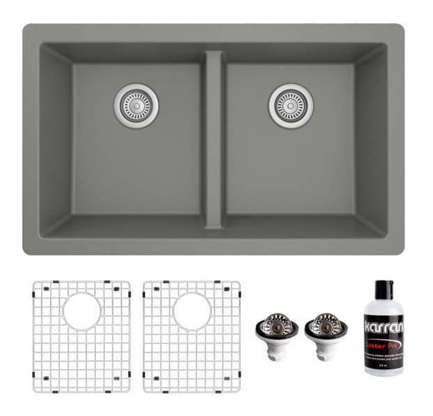 QU-810 Quartz Undermount Double Equal Bowl Kitchen Sink Kit, 32" x 19-1/2" x 9", Gray