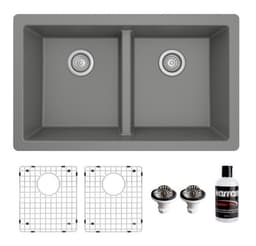 QU-810 Quartz Undermount Double Equal Bowl Kitchen Sink Kit, 32" x 19-1/2" x 9", Gray