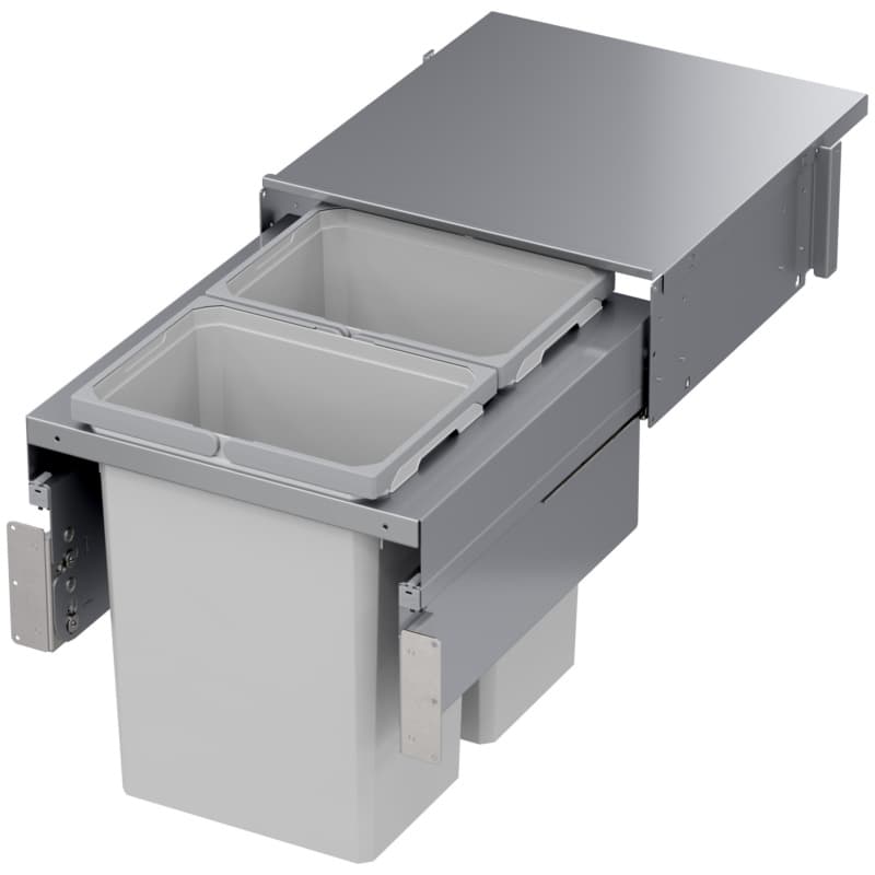 Double 31 QT Top Mount Waste Container Pullout with 1-1/2" Face Frame for 18" Cabinet Opening, Platinum