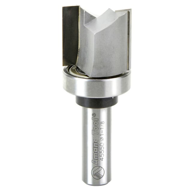 1-1/8" x 3" Flush Trim Template Bit, 2-Flute with Upper Ball Bearing, 1/2" Shank