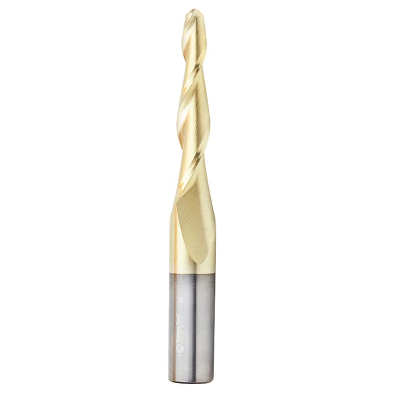 1/4" x 4" CNC 2D/3D Carving 3° Tapered Ball Tip Up-Cut ZrN Coated Spiral Router Bit, 2-Flute, 1/2" Shank