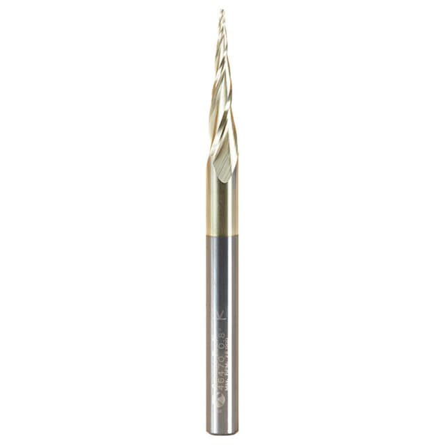 0.8mm x 75mm 2D/3D Carving Tapered Ball Tip ZrN Coated Up-Cut Spiral Router Bit, 3-Flute, 6mm Shank