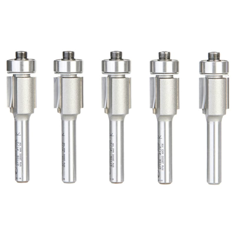 1/2" x 1/2" 5 Pack Carbide Tipped Flush Trim Bit, 2-Flute, 1/4" Shank