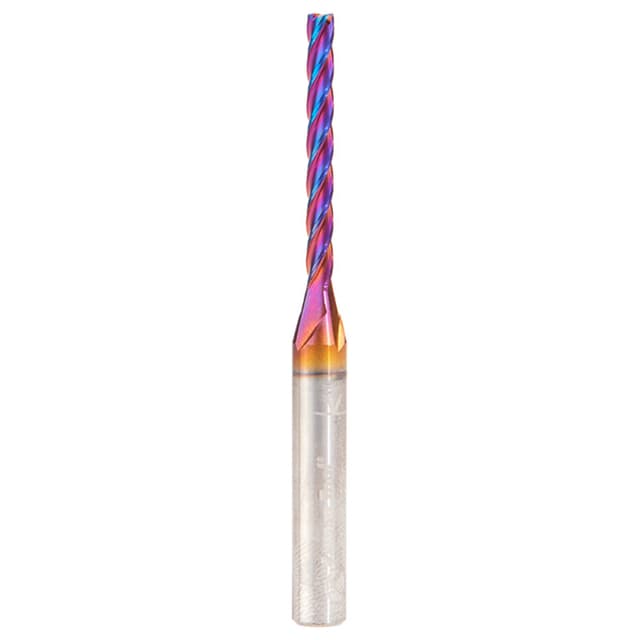 3mm x 63mm CNC 2D/3D Carving 0.10° Flat Bottom Up-Cut Spektra Extreme Tool Life Coated Spiral Router Bit, 4-Flute, 6mm Shank