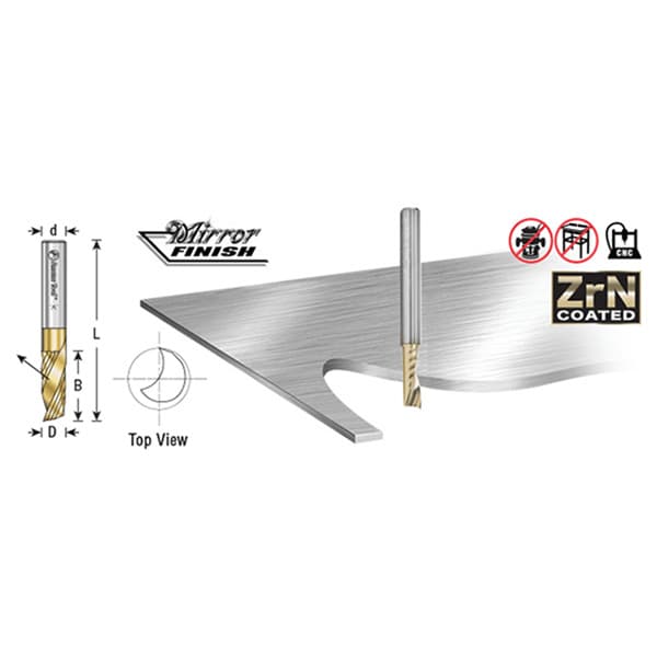 5/16" Dia x 9/16" Solid Carbide CNC Spiral 'O' Flute, Aluminum Cutting, 5/16" Shank, Up-Cut ZrN Coated Router Bit