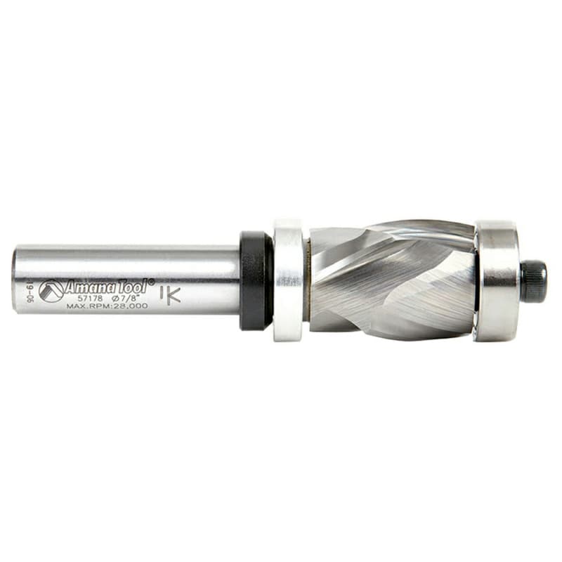 7/8" x 3-3/4" Spiral Flush Trim Compression Bit with Upper/Lower Ball Bearing, 2-Flute, 1/2" Shank