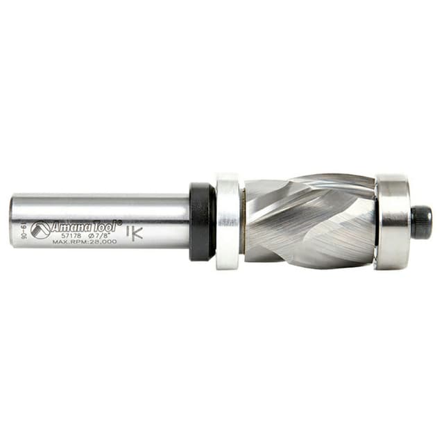 7/8" x 3-3/4" Spiral Flush Trim Compression Bit with Upper/Lower Ball Bearing, 2-Flute, 1/2" Shank