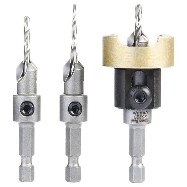 AMS-624 3-Piece Carbide Tipped Countersink with Adjustable Depth Stop/No-Thrust/No-Mar Ball Bearing Set with Quick Release Hex Shank