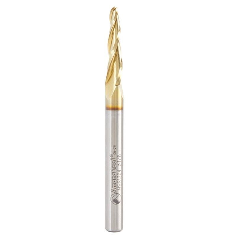 1/8" x 3" 2D/3D Carving Tapered Ball Tip ZrN Coated Up-Cut Spiral Router Bit, 3-Flute, 1/4" Shank, 1" Cutting Height