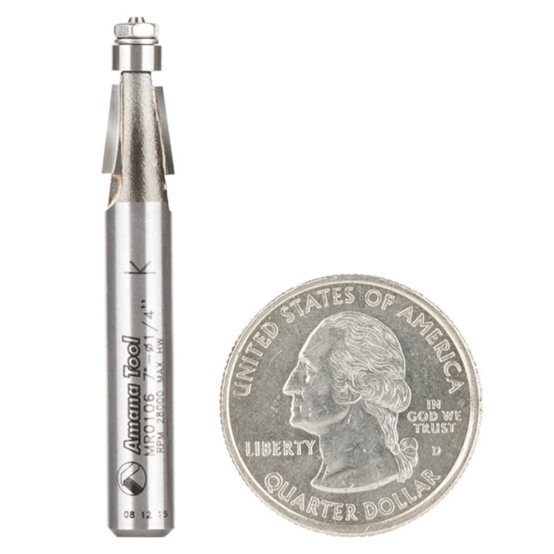 1/4" x 1-7/8" Miniature Chamfer Router Bit with Lower Ball Bearing, 2-Flute, 1/4" Shank