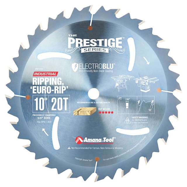 Prestige 10" x 20 Teeth Electro-Blu Coated Euro Rip Saw Blade with Cooling Slot