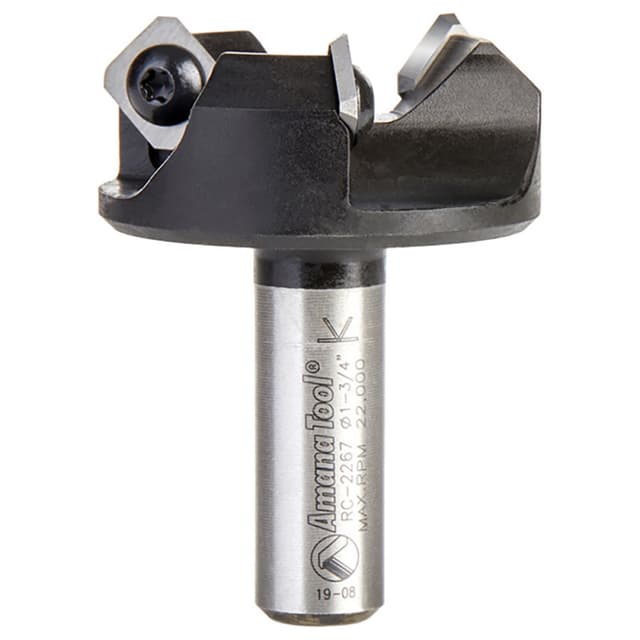 RC-2267 1-3/4" x 3/4" CNC Insert Carbide 3 Wing/Flute, Heavy Duty Spoilboard Plunging, Surfacing, Planing, Flycutter/Slab Leveler Router Bit, 1/2" Shank