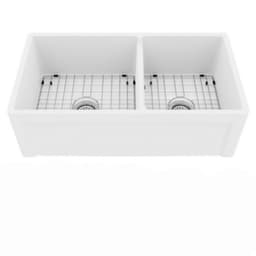 Fireclay Double Bowl Panel Front Farmhouse Kitchen Sink Kit with Reversible Apron Front, 33" x 18" x 10", White