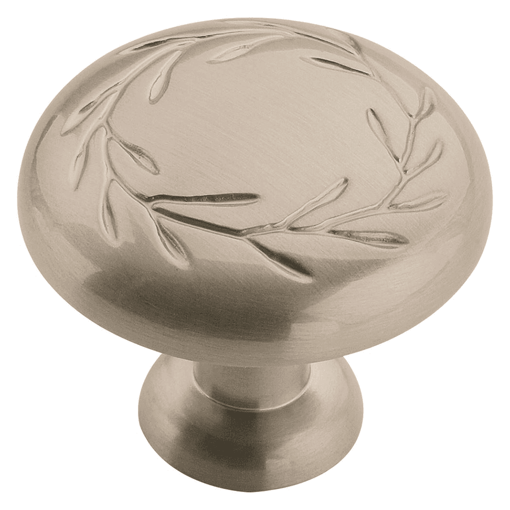 Amerock 1-1/4" Inspirations&trade; Leaf Knob in Satin Nickel Finish on White Background