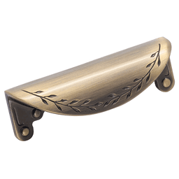 A close-up of an Oil-Rubbed Bronze Nature's Splendor Cup Pull with a leaf design.