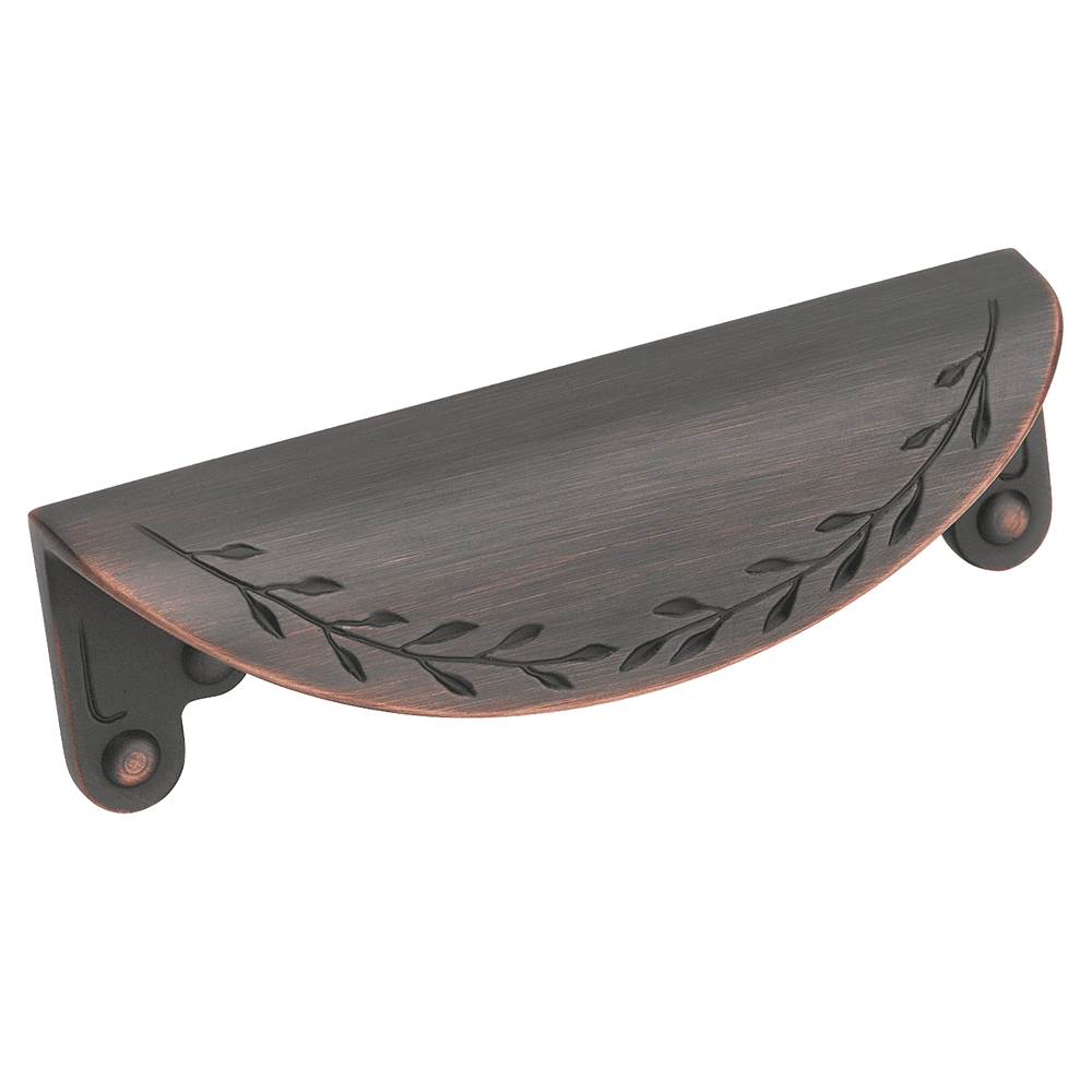 A 3-inch Oil-Rubbed Bronze Cup Pull featuring a leaf design from Amerock's Nature's Splendor line.