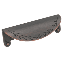 A 3-inch Oil-Rubbed Bronze Cup Pull featuring a leaf design from Amerock's Nature's Splendor line.