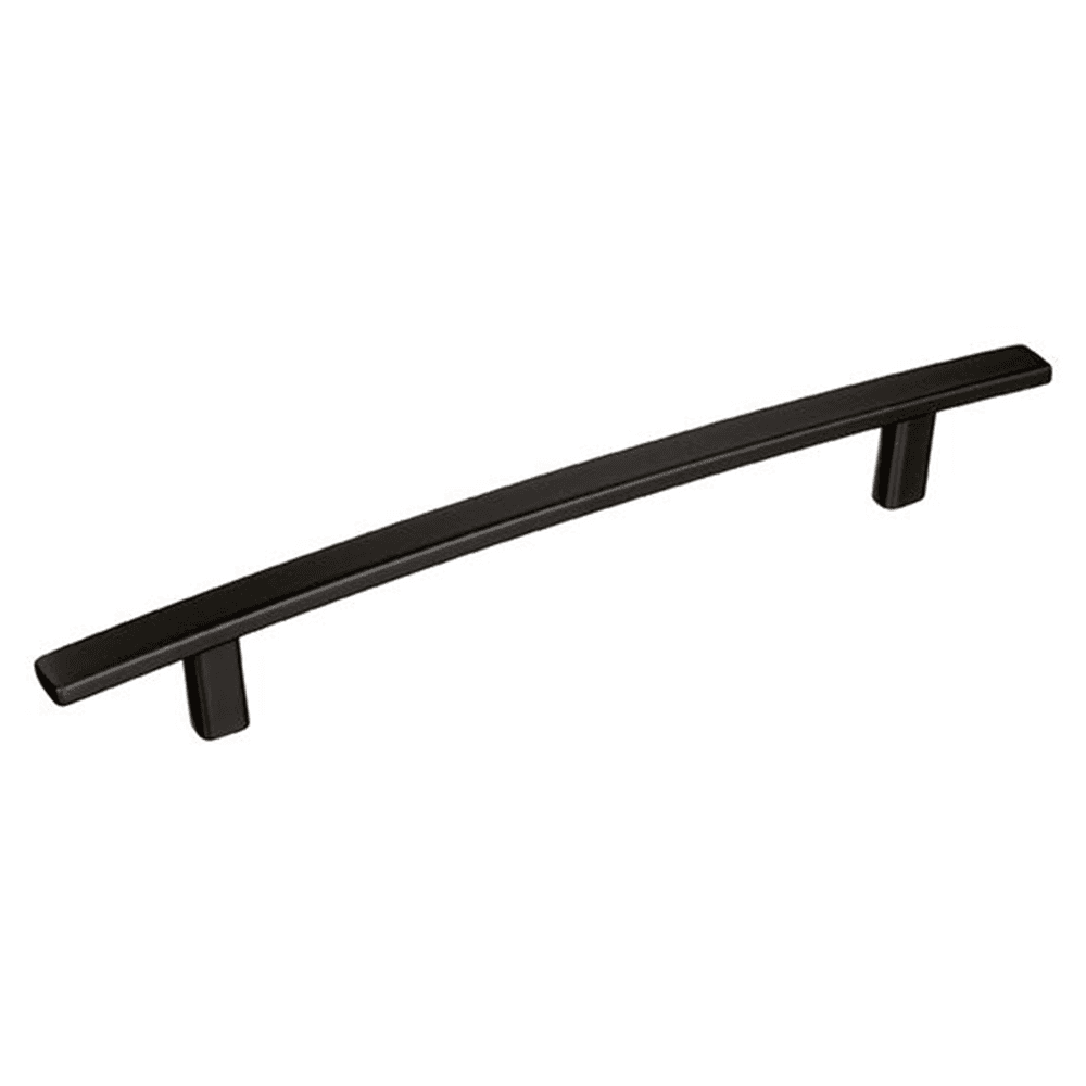Close-up of Amerock 6-5/16" Cyprus&trade; Arch Pull in Oil-Rubbed Bronze on dark wood background