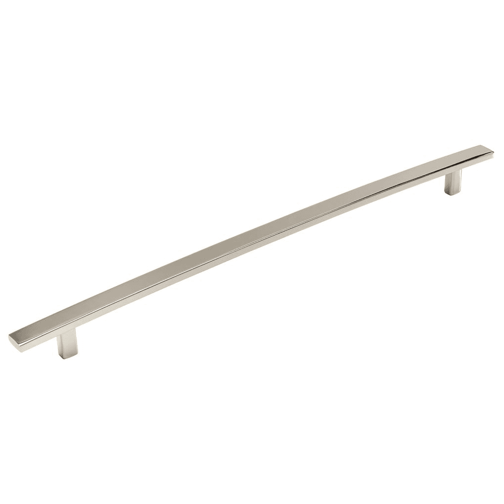 Amerock Cyprus Appliance Pull in Polished Nickel finish on white kitchen cabinets
