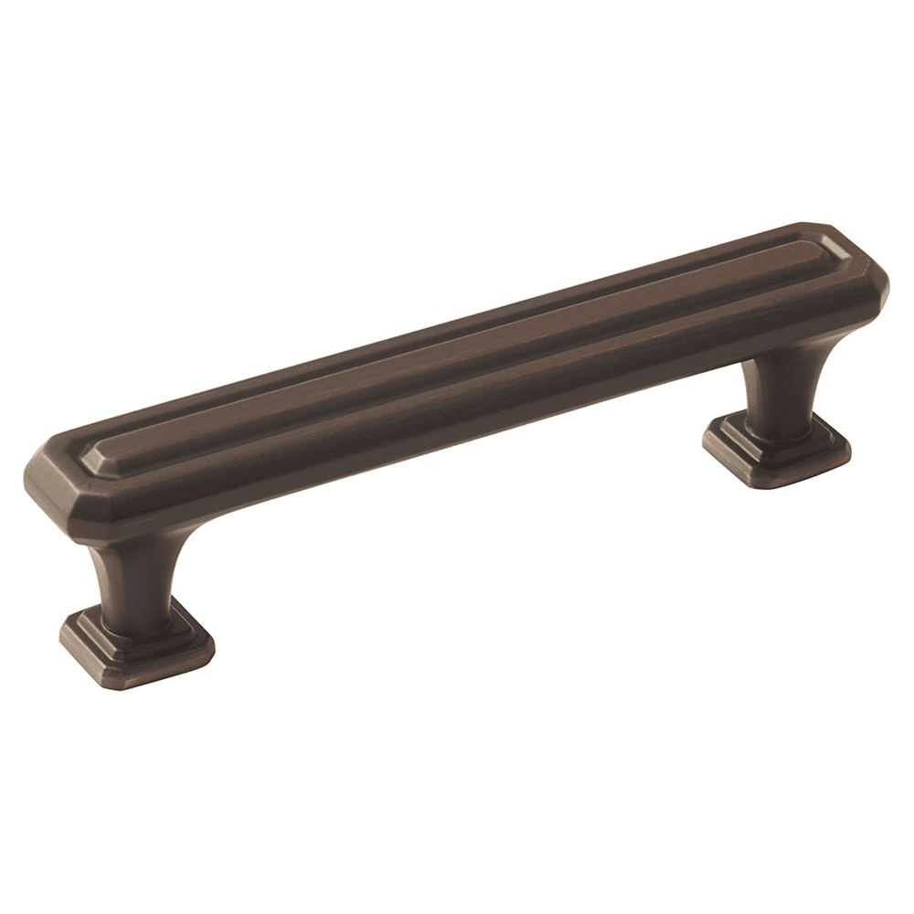 Amerock 96mm Wells Handle Pull in Oil-Rubbed Bronze on a dark wooden cabinet door