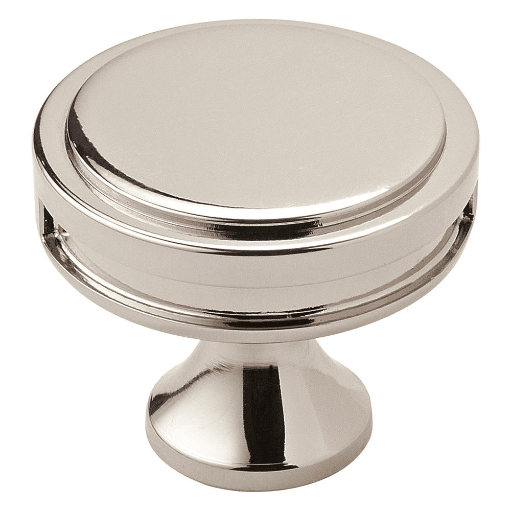 Amerock 1-3/8" Oberon Round Knob in Polished Nickel Finish on White Background