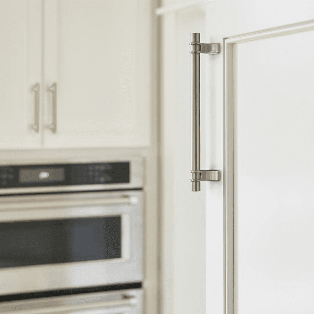 Sleek and stylish 7-13/16" length Davenport Bar Pull in Satin Nickel finish by Amerock.