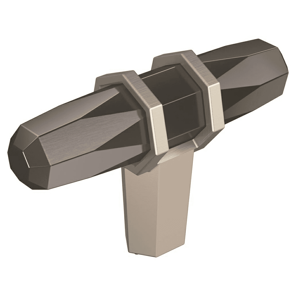 2-1/2" T-Knob in Black Chrome/Satin Nickel Finish on Modern White Kitchen Cabinet