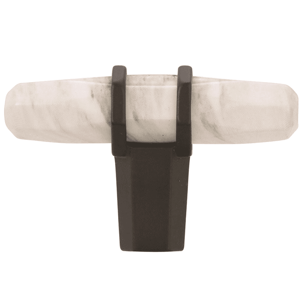 Marble White/Black Bronze T-handle Knob by Amerock on a bathroom vanity