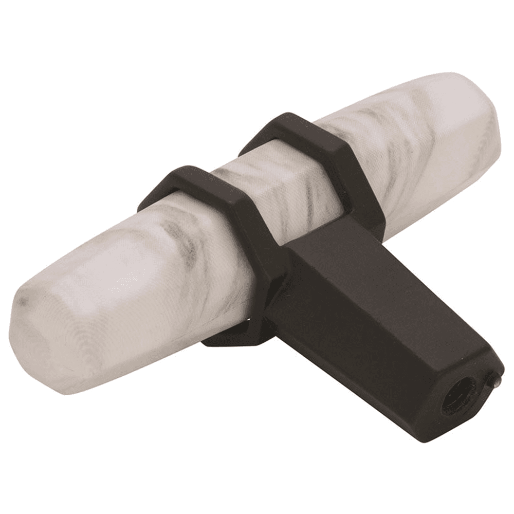 Marble White/Oil-Rubbed Bronze T-handle Knob - Close-up View