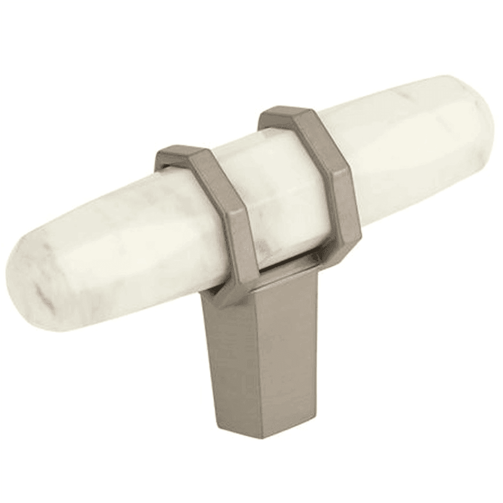 2-1/2 inch Carrione T-handle Knob in Marble White/Satin Nickel