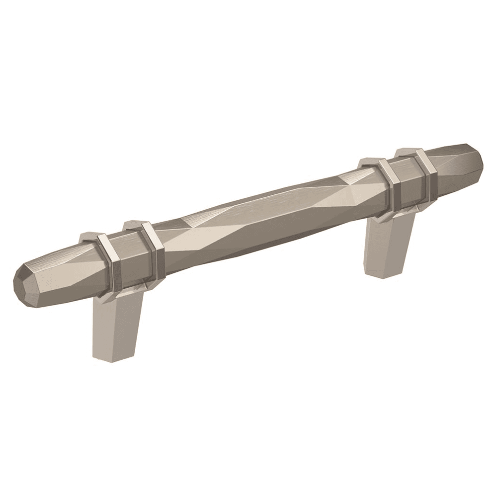 Amerock London Cabinet Pull in Satin Nickel/Polished Chrome finish on black cabinet with dramatic look and 3-3/4" center-to-center measurement.