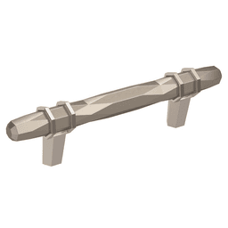 Amerock London Cabinet Pull in Satin Nickel/Polished Chrome finish on black cabinet with dramatic look and 3-3/4" center-to-center measurement.