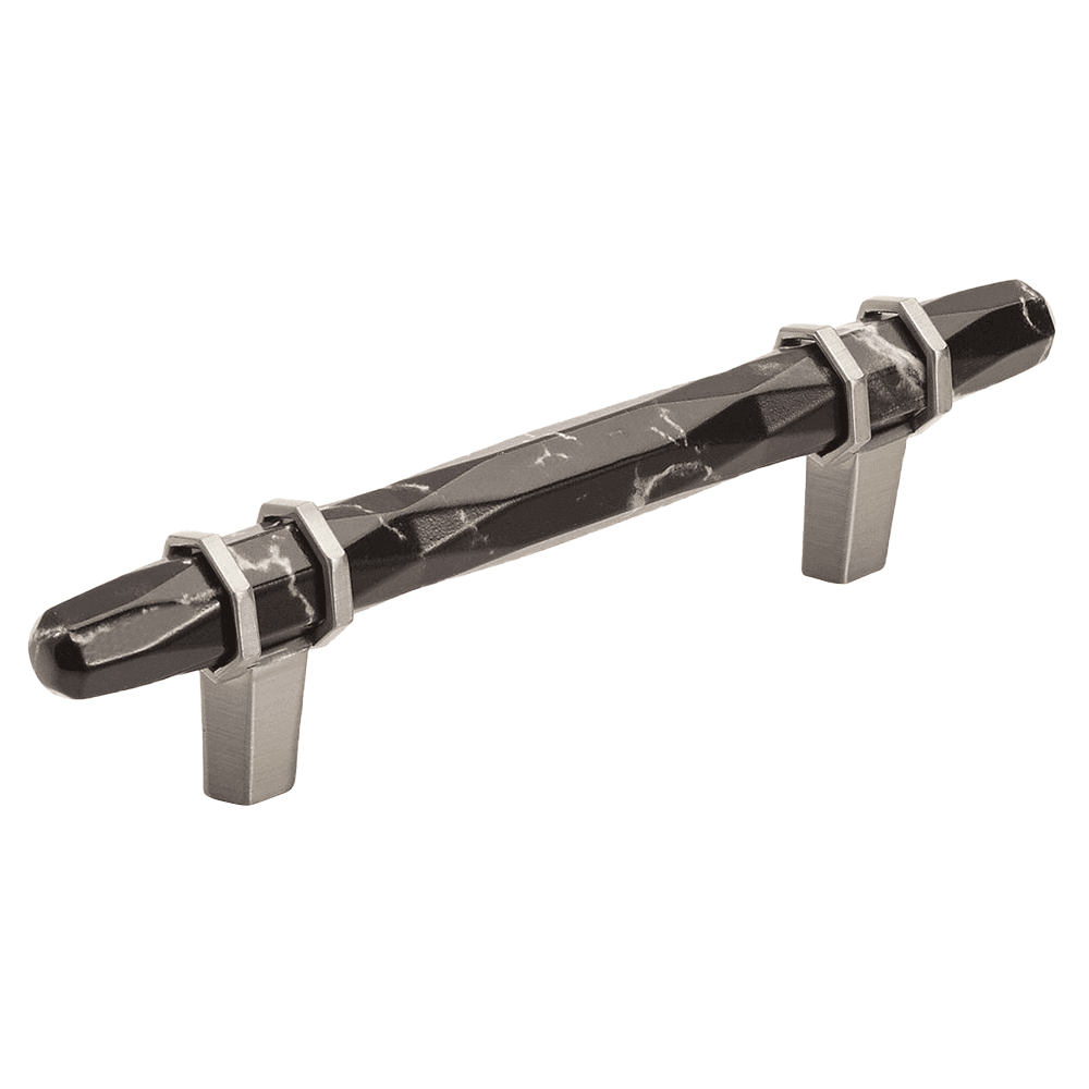 Amerock 3-3/4" London Cabinet Pull, Marble Black/Satin Nickel on a white background with shadow