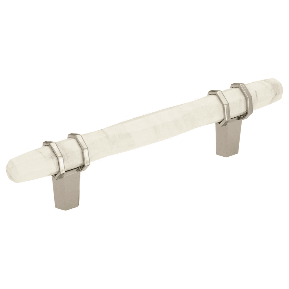128mm center-to-center pull with faceted forms and clean geometric patterns