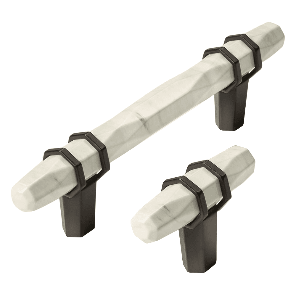 Handcrafted Carrara-inspired look bar pull by Amerock in Marble Black/Golden Champagne finish
